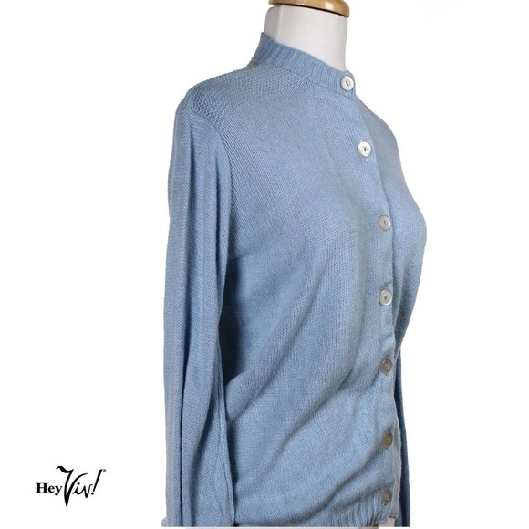 Vintage 50s Baby Blue Long Sleeve Button Up Cardigan Sweater Size XL - Hey Viv - Picture 3 of 7
